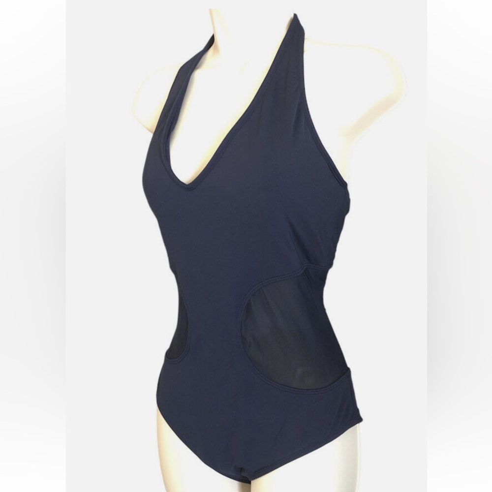 Anne Cole one piece navy blue mesh panel bathing suit and coverup shorts
